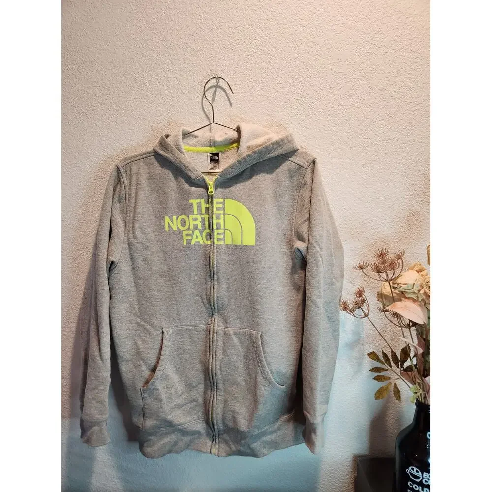 The North Face Boys XL‎ (18/20) Gray Hoodie Full-Zip Fleece Neon  